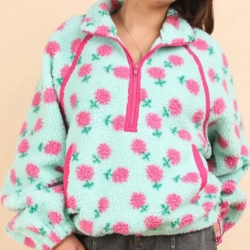NEW IN By Very J Boutique Mint Floral Sherpa Pullover Half Zip Jacket NWT L/XL